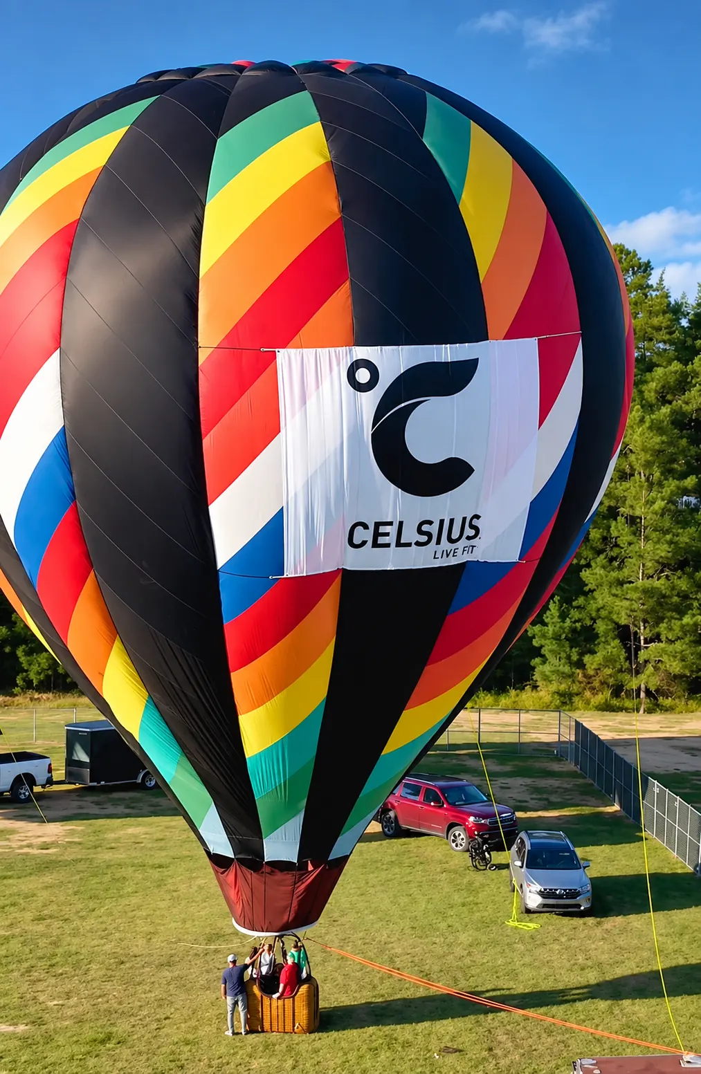 Celsius branded hot air balloon, festival sponsorship with brand activation management by Reckless Promotions